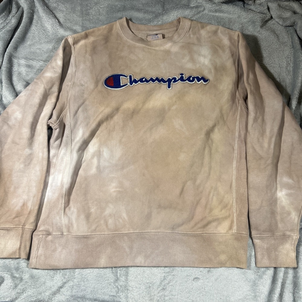 Champion Reverse Weave Crewneck Sweatshirt Large Bleach Dye Distressed Logo